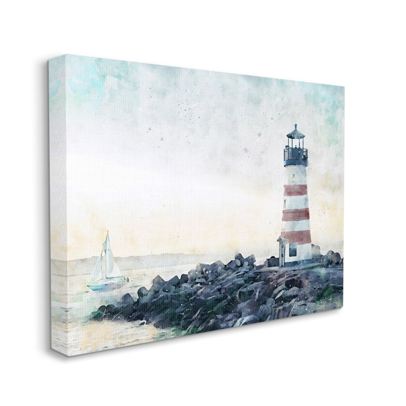 Phare à rayures rouges, plage rocheuse, Coa, par Ziwei Li, H 16 po x l 20 po x P 1,5 po, Toile tendue