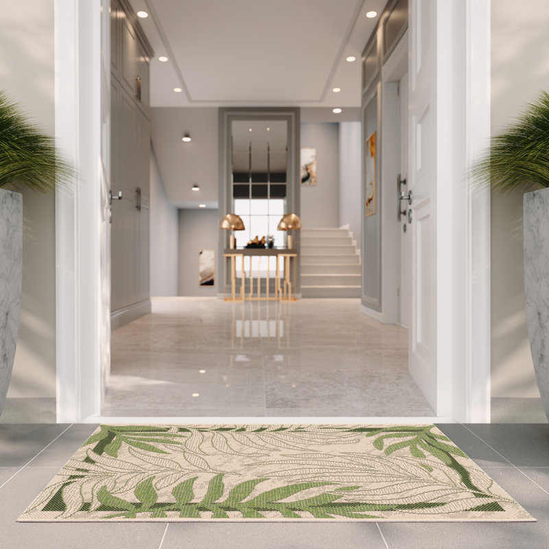 Allick Cream/Green Indoor/Outdoor Rug, Rectangle 61 x 109 cm