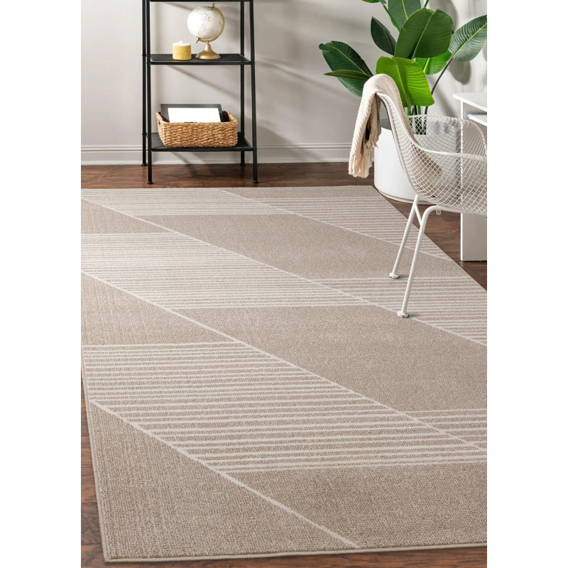 Kempst Neutral Beige Cream Striped Geometric Rug, Rectangle 5'3" x 7'7"