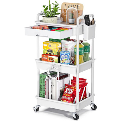 Chariot roulant à 3 niveaux avec tiroir et roulettes verrouillables, chariot de rangement pour tablette en plastique - Assemblage facile, conception imperméable pour la cuisine, la salle de bain, le bureau, blanc