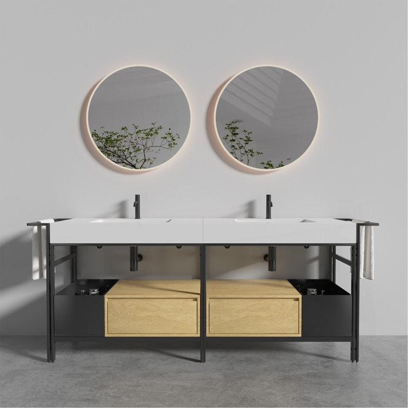 Meuble-lavabo modulaire de style industriel de 72 po (36 po * 2) avec une structure en métal robuste et un bassin en pierre artificielle blanche sans soudure et facile à nettoyer, sans drain ni robinet
