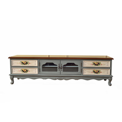 Meuble télé en bouleau massif, 150 cm (59,06 po), gris vintage, peint à la main avec un effet vieilli.