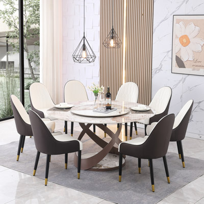 Table de salle à manger 59 "ronde en pierre frittée de 59 po avec 8 centres d'installation et de rotation - Élégant, spacieux, imperméable et moderne