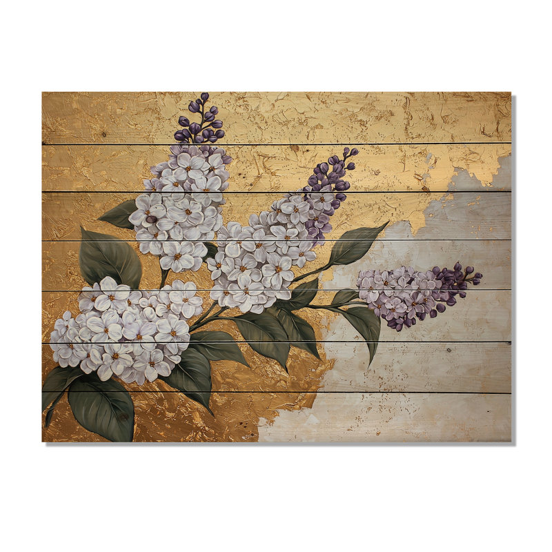 Lilas printemps harmonie dorée II - impression traditionnelle sur bois doré sur bois de pin naturel, H 30 po x l 40 po