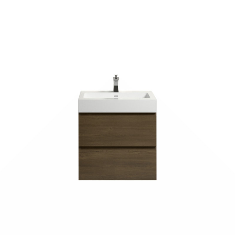 Ensemble de meuble-lavabo mural simple 24 po avec comptoir, sans drain et robinet Shawan, Noyer, Blanc
