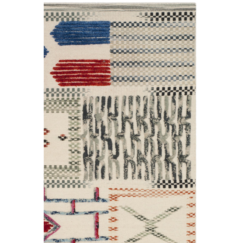 Alimatou Hand Woven Wool/Cotton Abstract Rug in Ivory/Blue/Red, Rectangle 5' x 8'