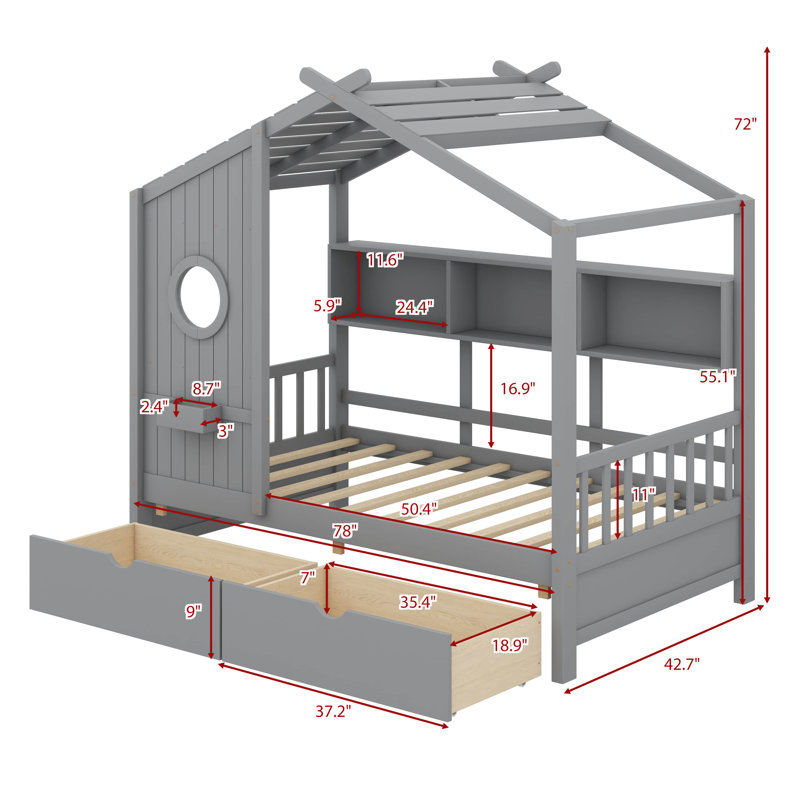 A Wooden House Bed With Two Drawers, Designed As A Kids' Bed Featuring A Storage Shelf, Gray, Twin
