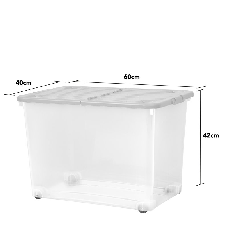 Wham 80L Plastic Storage Box with Wheels and Folding Lid Pack of 3 Clear/Cool Grey