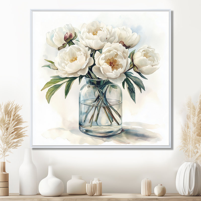 Mimalisme pivoines dans un vase en verre I - pivoines, art mural pour le salon, H 16 po x l 16 po, Blanc