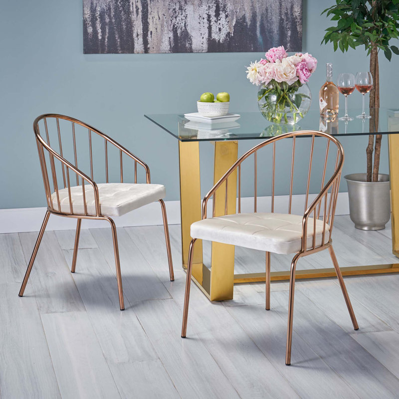 Chaise de salle à manger rembourrée en velours avec structure en acier inoxydable, or rose (ensemble de 2)