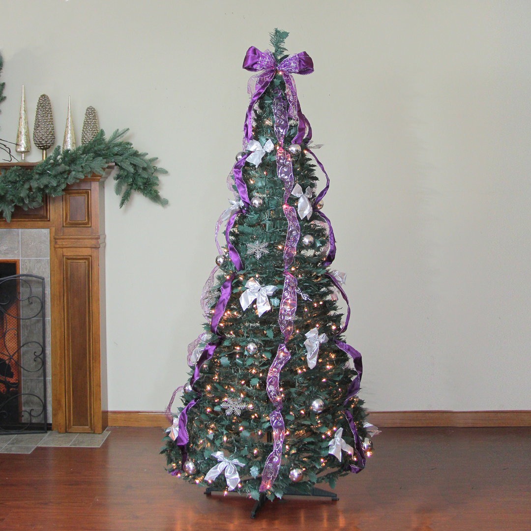 6' Pre-Lit Purple and Silver Pre-Decorated Pop-Up Artificial Christmas Tree Clear Lights Northlight Seasonal