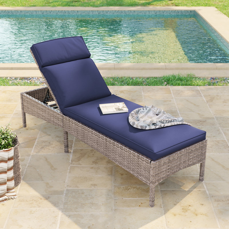 Eban Outdoor Wicker Long Chaise Lounge with Cushion, Navy Blue