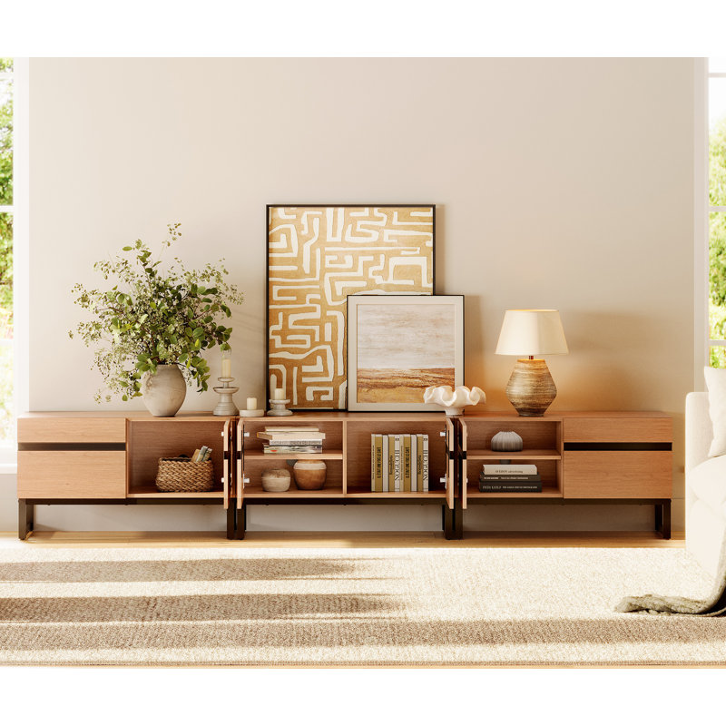 Meuble télé moderne avec armoires de rangement pour téléviseur de 110 pouces, console multimédia en bois avec pieds en métal pour le salon, chêne