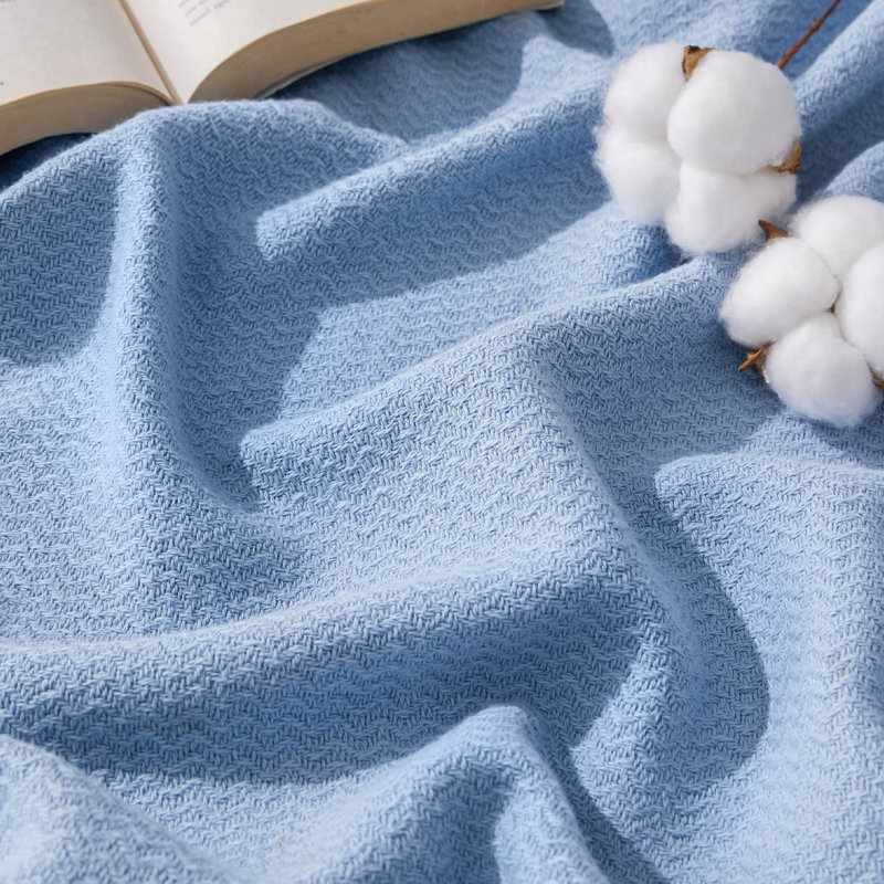 Bedsure 100% Cotton Blanket Soft Cozy Textured Herringbone Woven Blanket for All Seasons, Ashley Blue, Throw XL