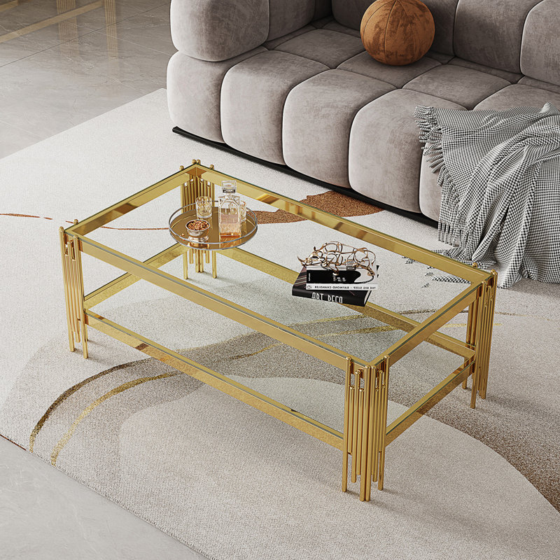 Table basse en verre trempé double couche supérieure et inférieure avec structure en acier inoxydable à finition miroir, parfaite pour les espaces de vie modernes et élégants.