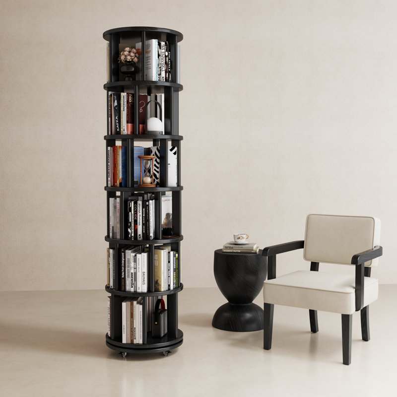 360° Rotating Solid Wood Bookshelf, Equipped with Brake Wheels, Allowing for Flexible Adjustment, Black