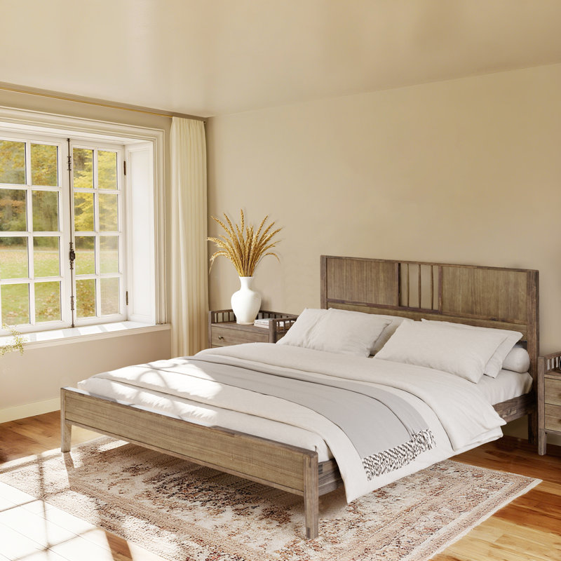 Rustic Solid Acacia Wood Bedframe No Box Spring Needed Queen King Size,800lbs Capacity, Brown, King