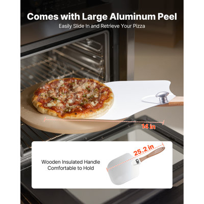 Pierre à pizza ronde de 38 cm (15 po), en cordiérite de 1,7 cm (0,67 po) d'épaisseur, avec pelle en métal, résistante à la chaleur jusqu'à 800 °C (1450 °F), idéale pour la cuisson des pizzas et les grillades au barbecue. Conçue pour le four de cuisine.