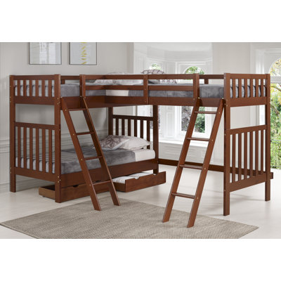 Ratcliff Twin Over Twin Solid Wood L-shaped Bunk Bed With Third Bunk Extension And Underbed Storage