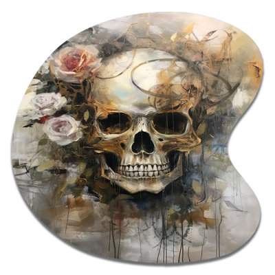 Skull Blooming Roses - Skull Floral Drop Shape Metal Wall Sculpture