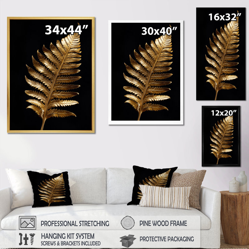 Feuille de fougère dorée sur fond noir sur toile, H 32 po x l 24 po x P 1 po, Cadre flottant brun