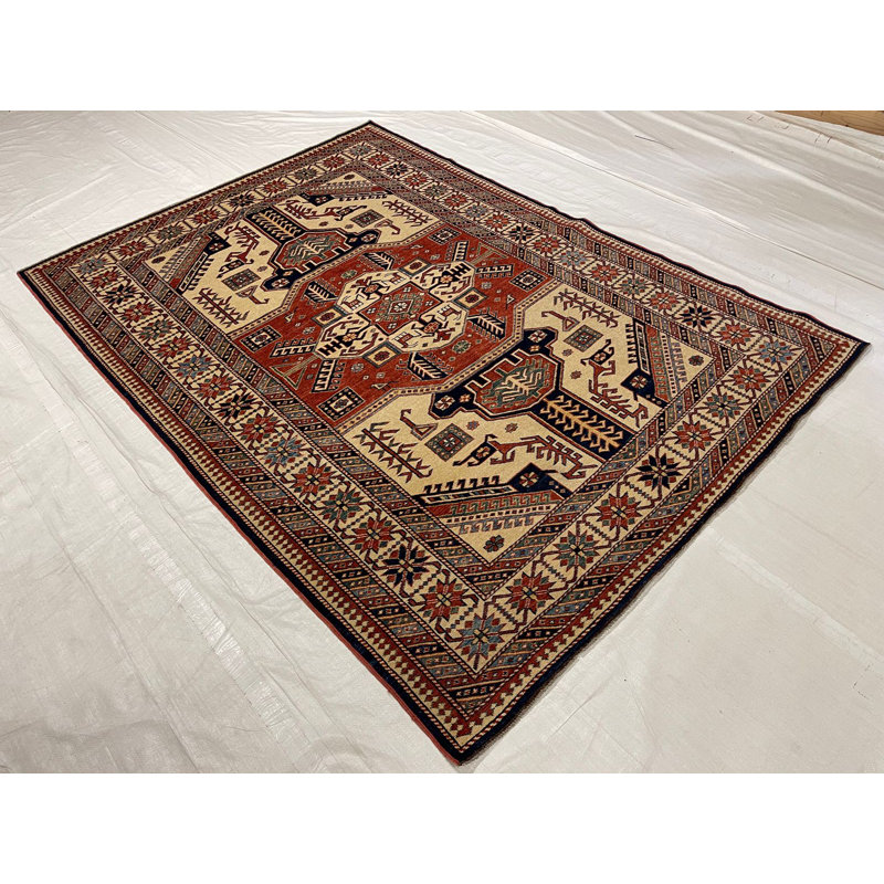 Tapis rouge / ivoire en laine Tribal One-of-a-Kind 5 pi 8 po x 7 pi 11 po Tribal