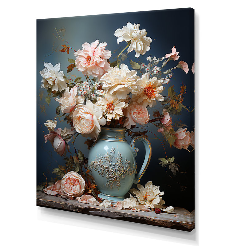Décoration florale rose rococo raffinée - poterie bohème, Toile tendue, H 20 po x l 12 po x P 1 po