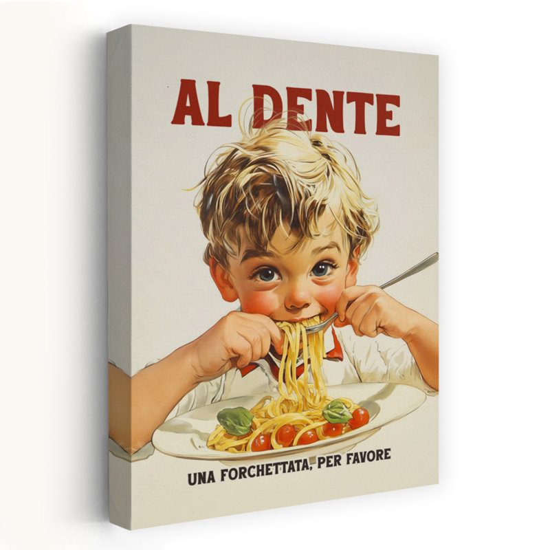 «Happy Boy Eating Spaghetti Classic Retro», art mural rétro, H 48 po x l 32 po