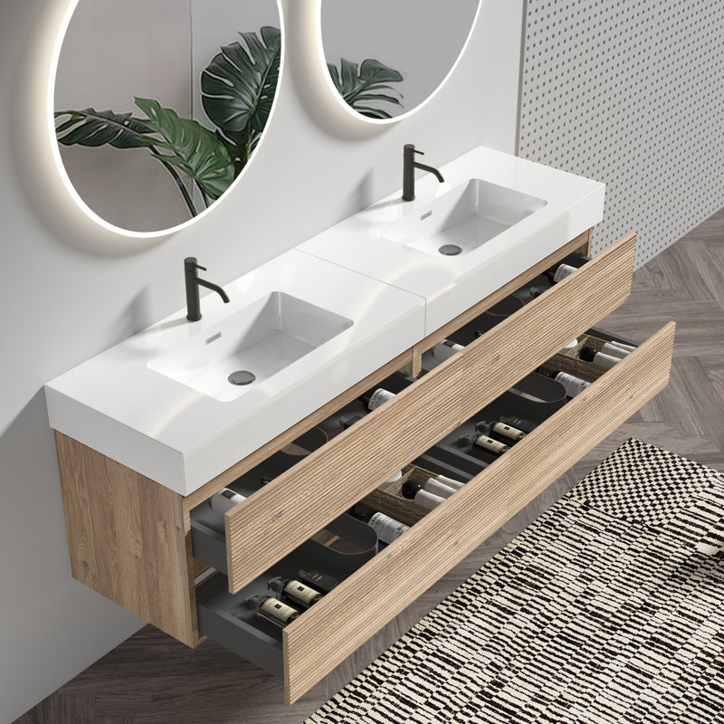 Meuble-lavabo mural flottant en chêne, lavabo une pièce, look moderne, revêtement à base d'eau E0, grand espace de rangement de 72 po, style Mid-Century, poignées dissimulées, 20% de plus