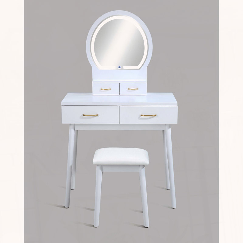 Table de coiffeuse avec miroir à DEL et accents dorés, Blanc