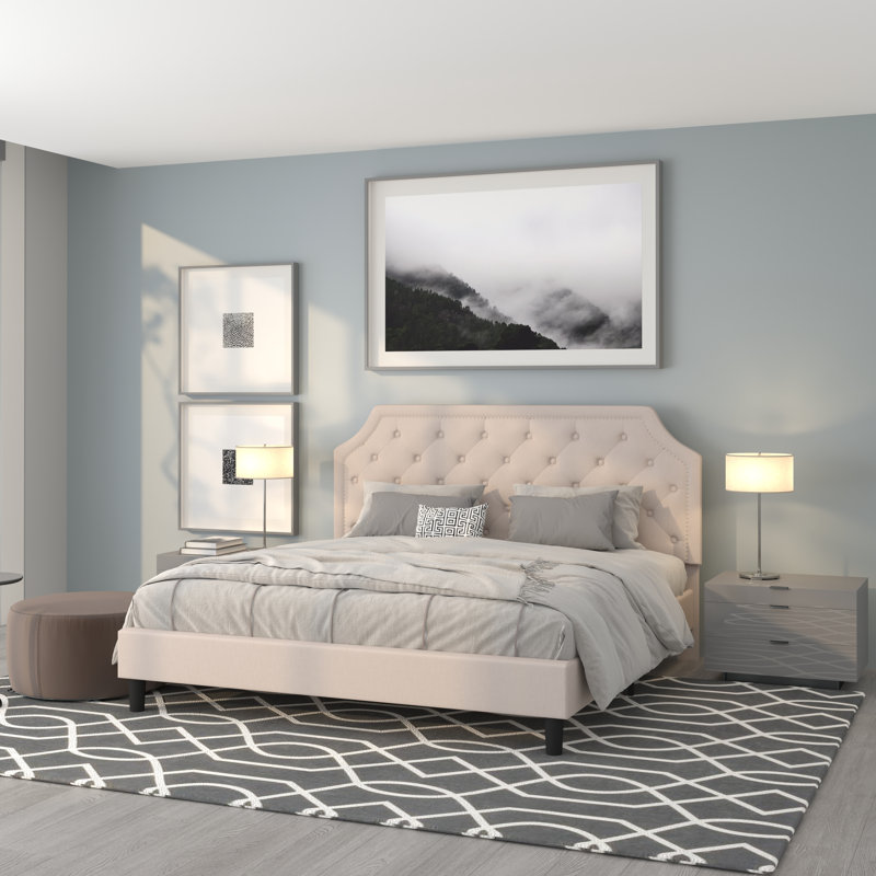 Aluino Arched Button Tufted Upholstered Platform Bed Frame - No Box Spring Required, Beige, King