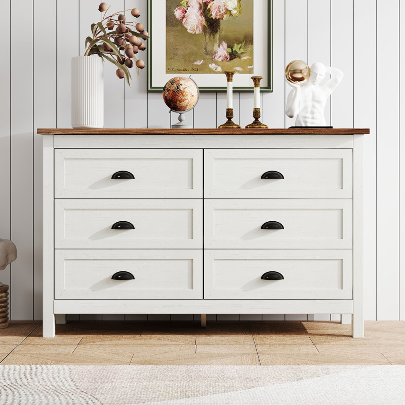 Commode 6 tiroirs, commode double en bois avec poignées noires pour chambre à coucher, salon, couloir Sinta, Blanc