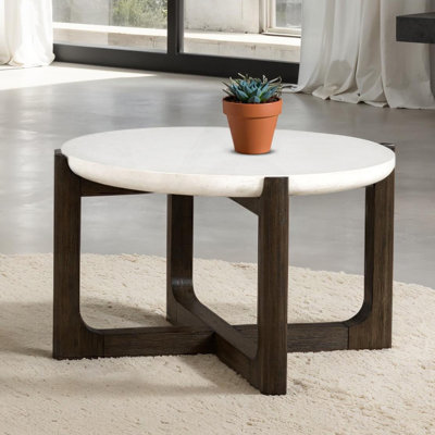 Table basse transitionnelle de 25 po avec plateau en pierre de quartz et base en tréteaux