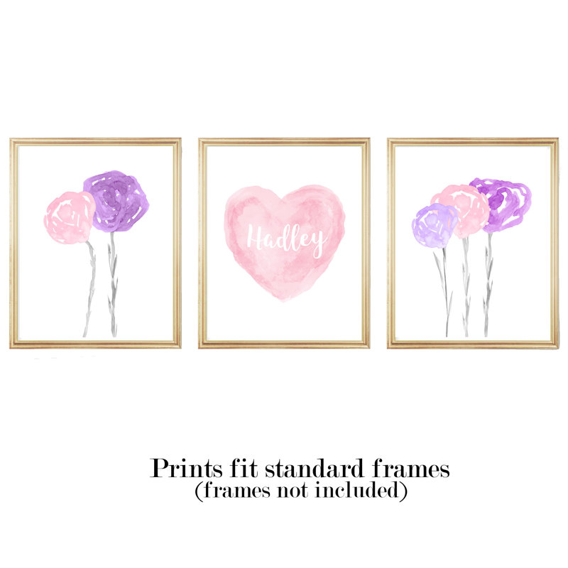 Pastel Flowers with Watercolor Heart, Paper Prints, 14" H x 11" W, Pink