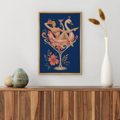 Retro Pink Flamingo Cocktail Girl Tropical Framed Canvas Master Bedroom Wall Art Work Print