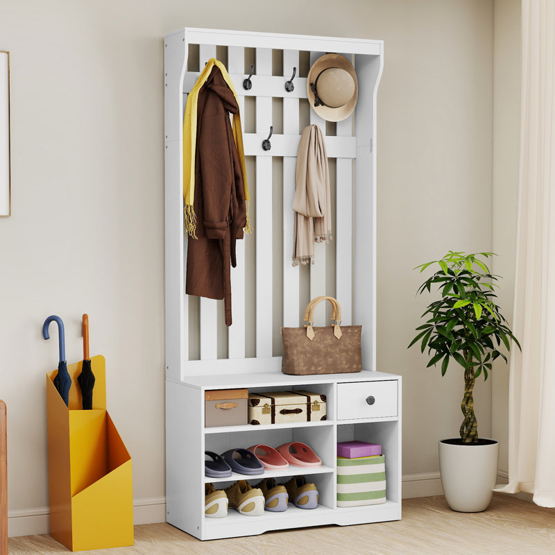  Coat Rack With Shoe Bench, 3-In-1 Hallway Furniture With 7 Hooks,80W×35D×180Hcm, White