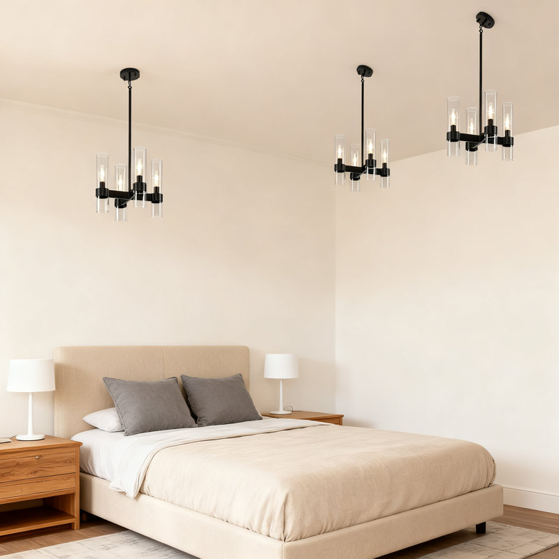 Lustre noir à 4 lumières avec abat-jour en verre pour salle à manger