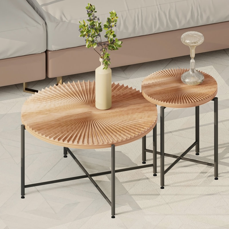 Ensemble de 2 tables basses et tables de bout à motif - Panneau de fibres à densité moyenne imperméable avec revêtement en PVC, conception cylindrique vieillie, pieds en métal noir - charme rustique classique, brun cèdre rouge