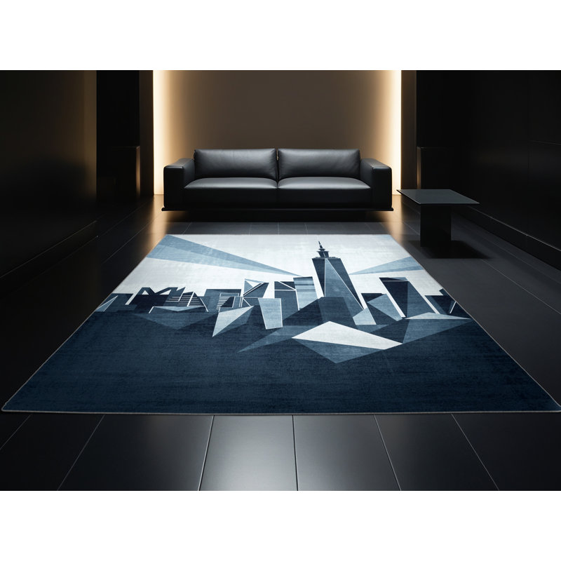 Machine Washable Paublo Shanghai Skyline Modern & Contemporary Geometric Rug in Gray – Gray Binding, 7x10