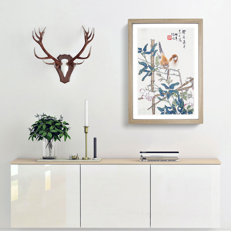Two Birds upon a Rose Bush by Ren Yi - Picture Frame Painting Print, Oak Framed, 36cm H x 27cm W x 2cm D