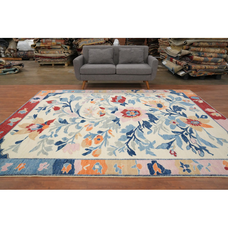 Tapis ivoire en laine à motif floral Oushak 8 x 10
