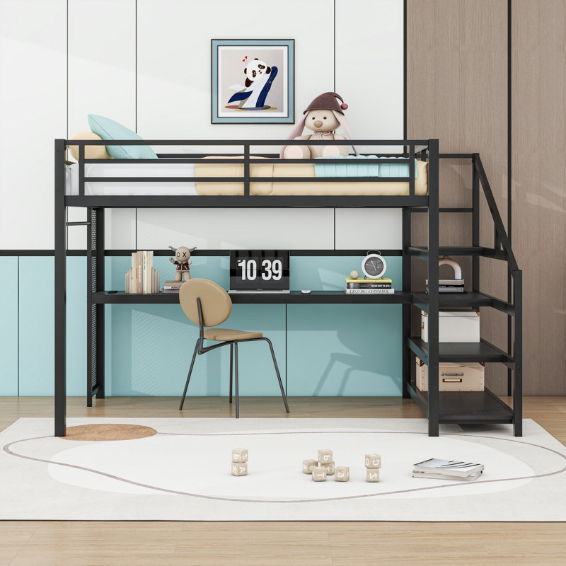 Lit mezzanine avec escalier de rangement, bureau, lumières DEL et ports USB
