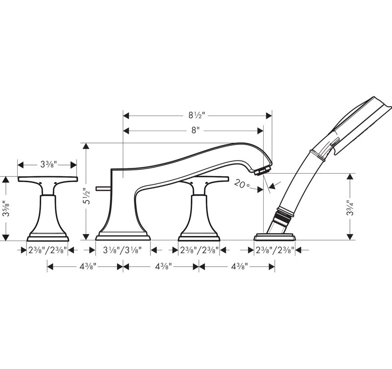 Hansgrohe Metropol Classic 4-Hole Roman Tub Set Trim with 1.8 GPM Handshower Trim Set Only, Cross Handle, Chrome