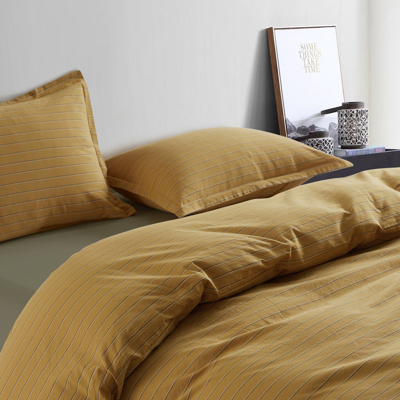 Dorella Striped Yarn Dyed Washed Cotton Chambray Duvet Cover Set, Mustard Yellow, Queen Duvet Cover + 2 Queen Shams