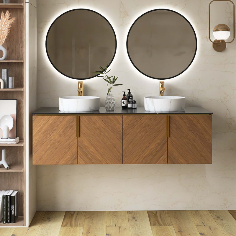 Meuble-lavabo mural en contreplaqué avec comptoir en pierre frittée noire et lavabo et portes ronds en céramique, couleur grain de bois chêne brun