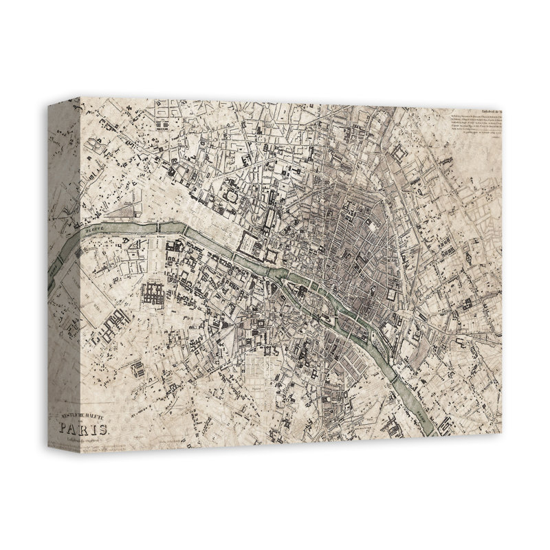 Carte rétro de Paris sur toile, H 11 po x l 14 po x P 1,25 po