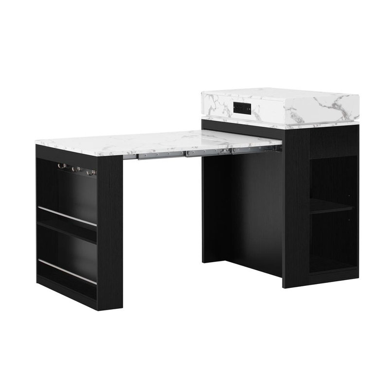 Extendable Dining Table with Folding Tabletop, White Marble/Black