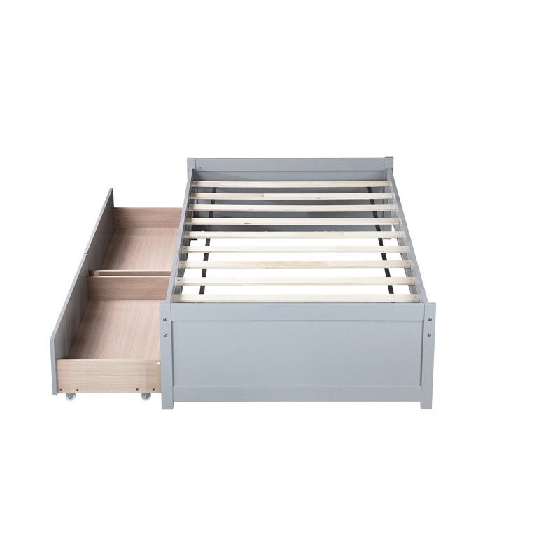 Lit simple, 2 tiroirs, surface de sommeil confortable en bois d'hévéa gris, compartiments de tiroir spacieux gris uni et support facile à installer