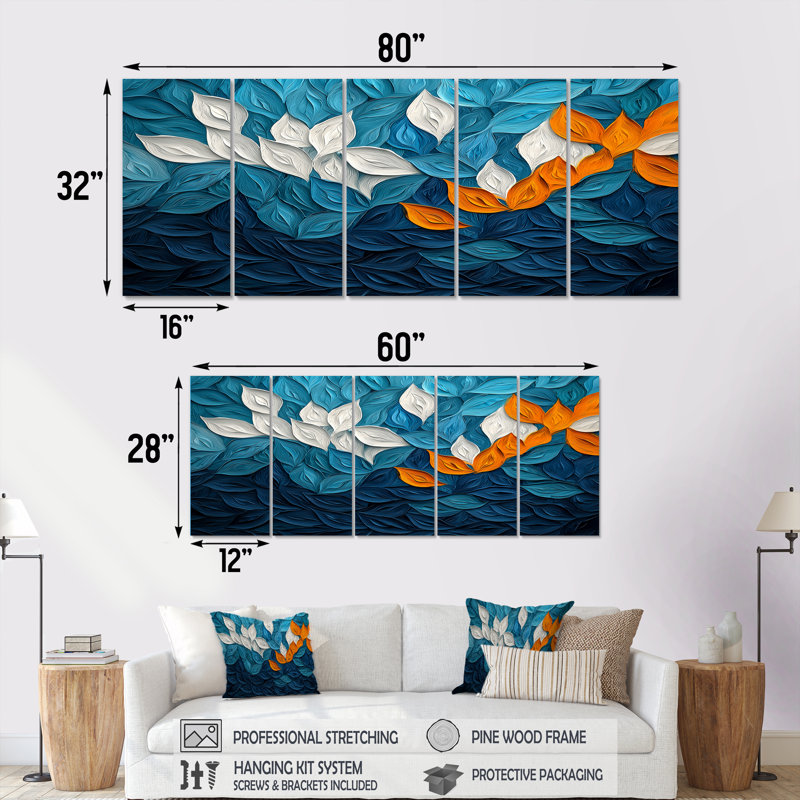 «Botanical Leaves Harmony Into The Ocean I» - Art mural feuilles - Art mural traditionnel sur toile, H 32 po x l 80 po, 5