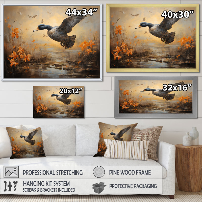 Art mural rétro, «Duck Flight At The Pond I», Cadre flottant brun, H 12 po x l 20 po x P 1 po